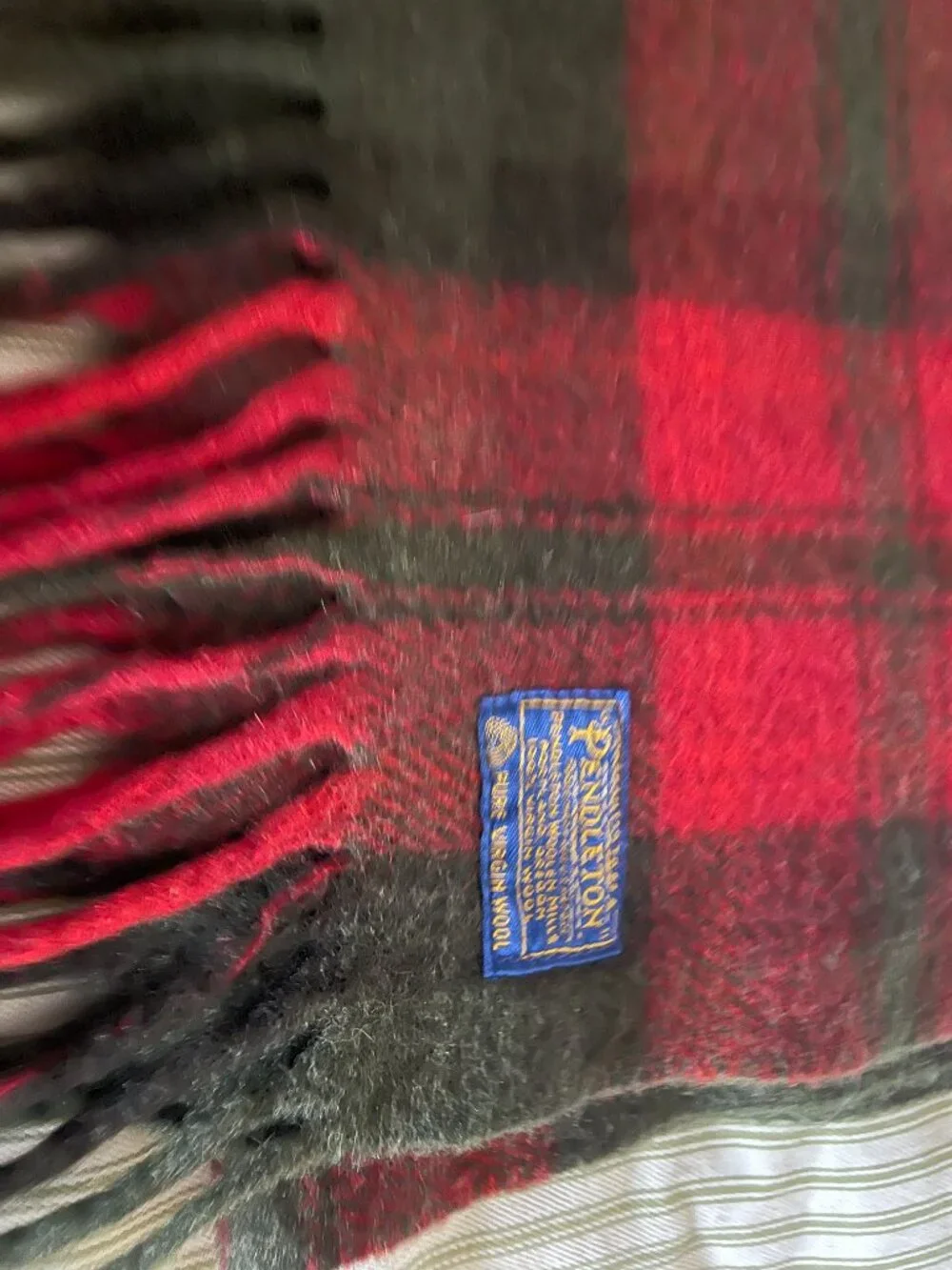 Vintage Pendleton Dark Red, Brown, Olive Green Plaid Virgin Wool Blanket Oregon